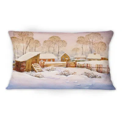 Design Art Snowy Landscape With Little Houses And High Trees - Country Printed Throw Pillow 1
