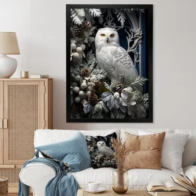 Design Art Snowy Owl Winter Watch Iii - Owl Animal Wall Art In Black Single Picture Framed