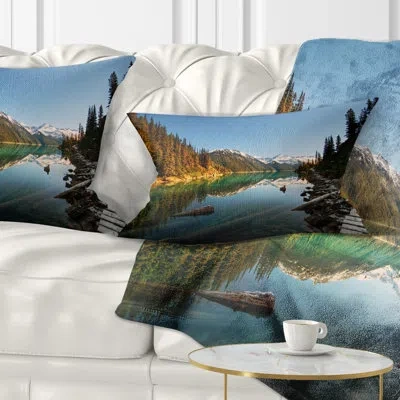 Design Art Snowy Path Along Mountain Lake - Landscape Printed Throw Pillow