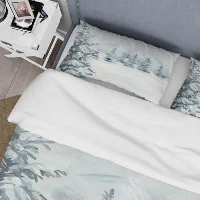 Design Art Snowy Pine Trees - Traditional Duvet Cover Set - Microfiber Polyester In Blue,white