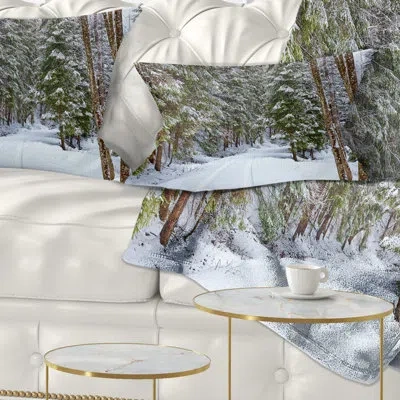 Design Art Snowy Road In The Forest - Landscape Printed Throw Pillow In White;green