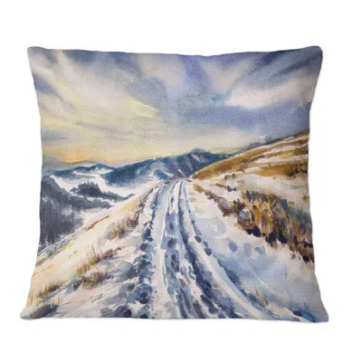 Design Art Snowy Road Through Winter Landscape I - Country Printed Throw Pillow In White