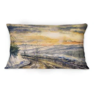 Design Art Snowy Road Through Winter Landscape Ii -1 Country Printed Throw Pillow