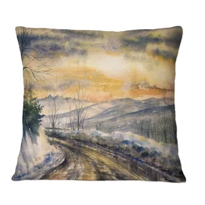 Design Art Snowy Road Through Winter Landscape Ii - Country Printed Throw Pillow In White;orange