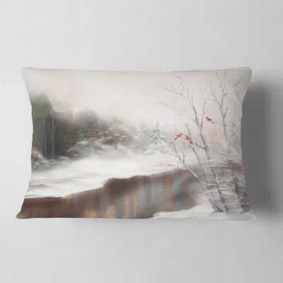 Design Art Snowy Silence - Landscape Printed Throw Pillow In White;gray