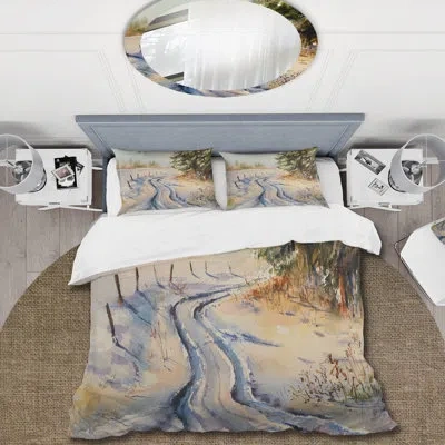 Design Art Snowy Winter Forest Landscape Country Road In Snow - Traditional Polyester Duvet Cover Set In Blue,orange,gray