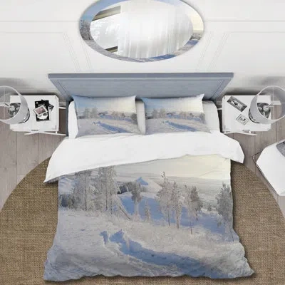 Design Art Snowy Winter Landscape With Pines I - Cabin & Lodge Duvet Cover Set - Microfiber Polyester In Blue;white