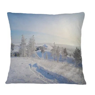 Design Art Snowy Winter Landscape With Pines I - Cabin & Lodge Printed Throw Pillow In Blue;white
