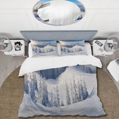 Design Art Snowy Winter Landscape With Pines Ii - Cabin & Lodge Duvet Cover Set - Microfiber Polyester In White