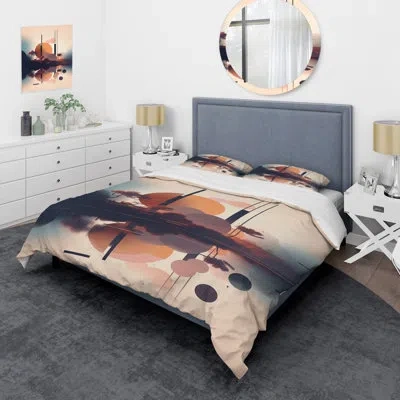 Design Art Soft Blue And Pinked Minimal Mid Century Art Iv - Abstract Duvet Cover Set - Microfiber Polyester In Blue;orange