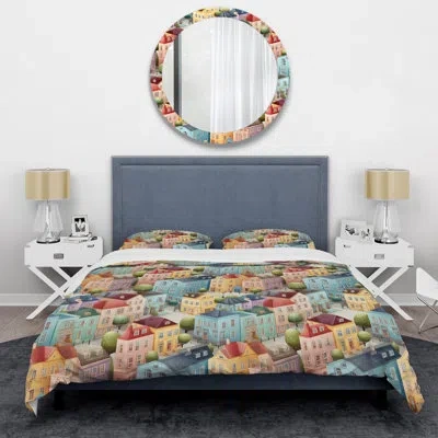 Design Art Soft Pastel Color Nordic Building Collage - Abstract Duvet Cover Set - Microfiber Polyester In Blue;red
