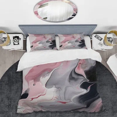 Design Art Solid Marble Paint Artwork Ii - Abstract Marble Duvet Cover Set In White;pink