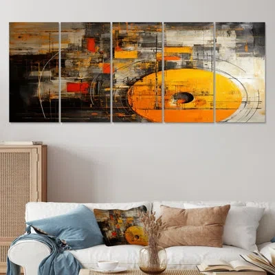 Design Art Solitary Glow Full Moon Solitude - Abstract Collages Wall Art Canvas 5 Piece In Brown;orange