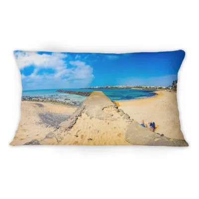 Design Art Spanish Beach View Landscape In Lanzarote - Nautical & Coastal Printed Throw Pillow 1