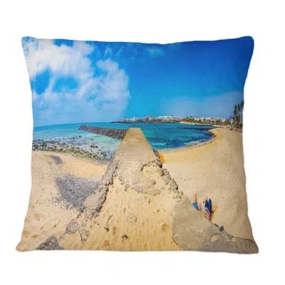 Design Art Spanish Beach View Landscape In Lanzarote - Nautical & Coastal Printed Throw Pillow In Blue;beige