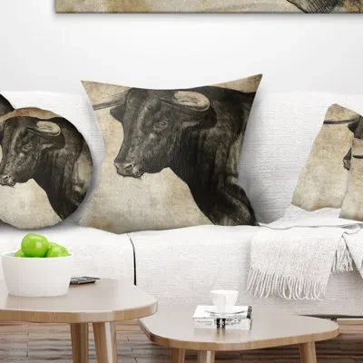 Design Art Spanish Bull Sketch - Animal Printed Throw Pillow In Black;white