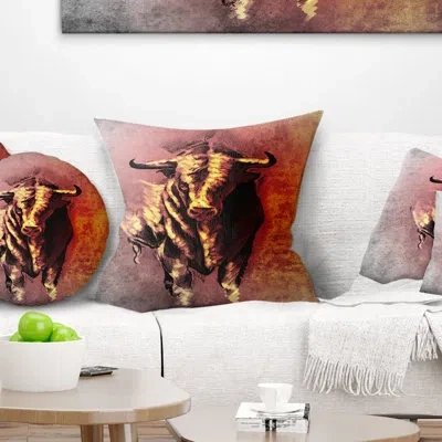 Design Art Spanish Bull Tattoo Sketch - Animal Printed Pillow In Black;black