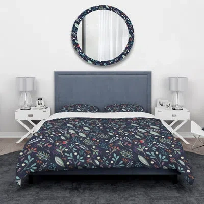 Design Art Sparkling Forest Leaves On Dark Blue - Eclectic Nature Duvet Cover Set - Microfiber Polyester