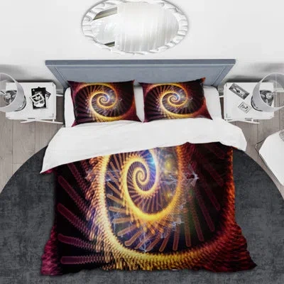Design Art Spiral Fractal Geometry Ix - Modern Duvet Cover Set - Microfiber Polyester In Orange,black
