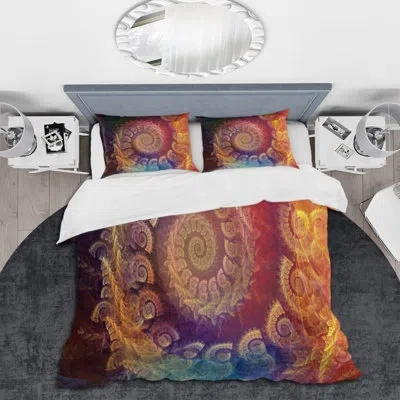Design Art Spiral Fractal Geometry V - Modern Duvet Cover Set - Microfiber Polyester In Red;orange