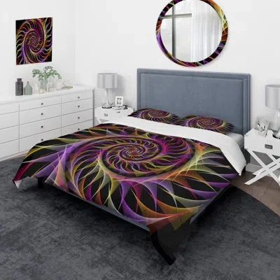 Design Art Spiral Fractal Geometry Xv - Modern Duvet Cover Set - Microfiber Polyester In Pink,black