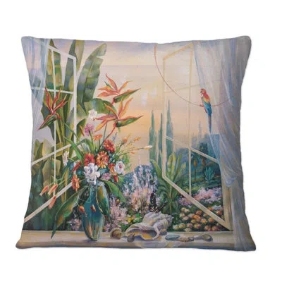 Design Art Spring Evening In Sochi Tropical Flowers Parrot - Cabin & Lodge Printed Throw Pillow In Blue;black;brown;green;red;yellow