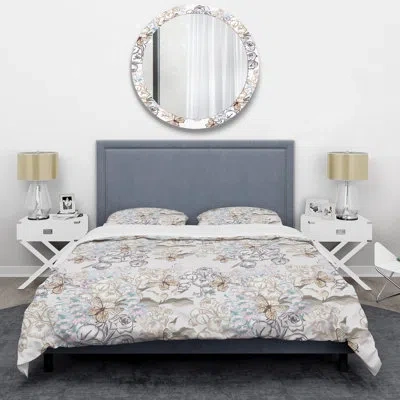 Design Art Spring Flowers And Butterflies - Floral Duvet Cover Set - Microfiber Polyester In Brown,gray