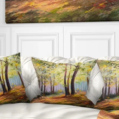 Design Art Spring Forest With Sunlight - Landscape Printed Pillow In Green;yellow