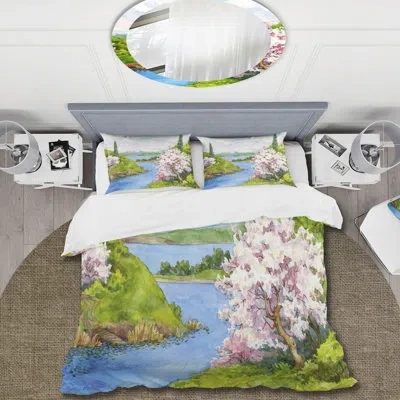 Design Art Spring Landscape Under A Bright Blue Sky - Traditional Duvet Cover Set - Microfiber Polyester In Blue,green,pink