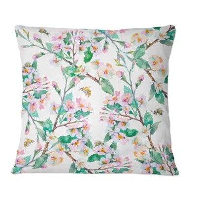 Design Art Spring Pattern With Flowering Branches And Bees - Patterned Printed Throw Pillow In Green;pink
