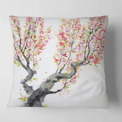 Design Art Spring Red Flowers On Tree Branches - Traditional Printed Throw Pillow