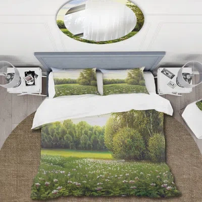 Design Art Spring Trees By The Meadows - Country Duvet Cover Set - Microfiber Polyester In Green,white