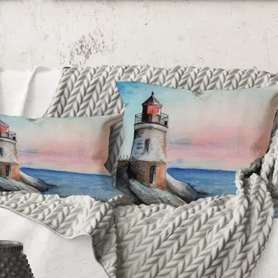 Design Art Square,a Lighthouse On A Rock Shore In Early Morning - Nautical & Coastal Printed Throw Pillow In Blue