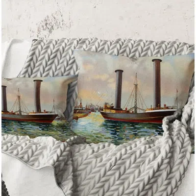 Design Art Square,ancient Boat Leaving The Harbor - Nautical & Coastal Printed Throw Pillow In Blue;green