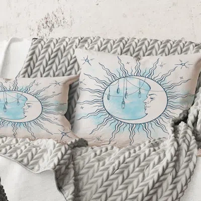 Design Art Square,blue Crescent Moon With Moonstone Pendants & Stars - Bohemian & Eclectic Printed Throw Pillow In Blue;white