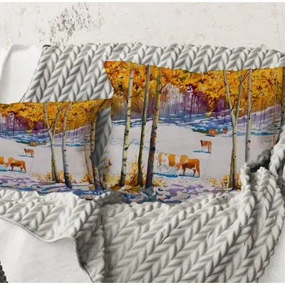 Design Art Square,cattle In The Early Snow In The Forest - Farmhouse Printed Throw Pillow In White