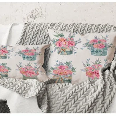 Design Art Square,collection Of Pink Roses - Farmhouse Printed Throw Pillow In White;pink