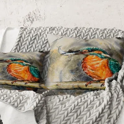 Design Art Square,common Kingfisher Eating A Small Fish - Traditional Printed Throw Pillow In Orange