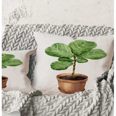 Design Art Square,ficus Lyre In Clay Flowerpot - Traditional Printed Throw Pillow In White;green