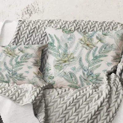 Design Art Square,floral Seamless Pattern Succulents Ferns Thorns - Farmhouse Printed Throw Pillow In White;green