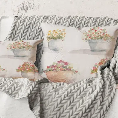 Design Art Square,four Outdoor Flower Pots - Traditional Printed Throw Pillow In White