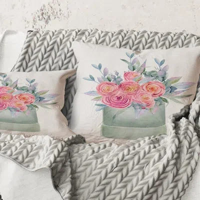 Design Art Square,gift Box With Pink Roses - Farmhouse Printed Throw Pillow In Gray;pink