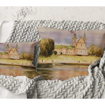 Design Art Square,historic Church On The Rock On Banks Of The River - Lake House Printed Throw Pillow In Beige