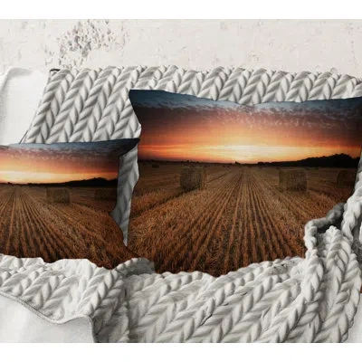 Design Art Square,landscape With A Field Full Of Hay Bales At Sunset - Farmhouse Printed Throw Pillow In Brown;yellow