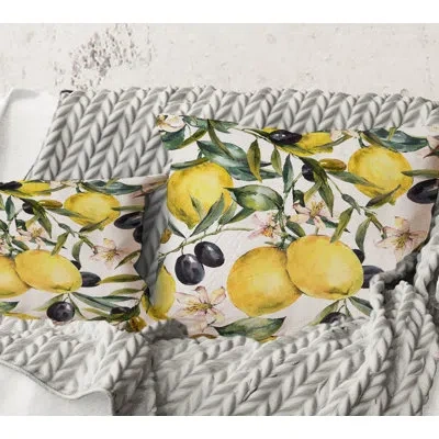 Design Art Square,lemon And Olive Branches I - Tropical Printed Throw Pillow In Black;yellow