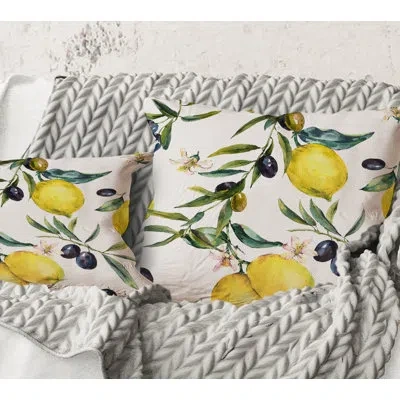 Design Art Square,lemon And Olive Branches Ii - Tropical Printed Throw Pillow In Black;yellow