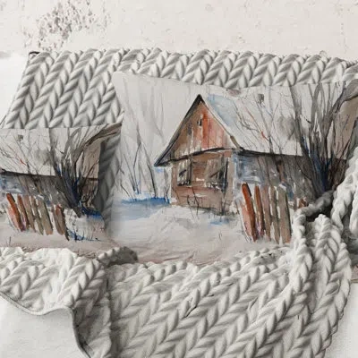 Design Art Square,old Abandoned Wooden House In Winter Picture - Traditional Printed Throw Pillow In White