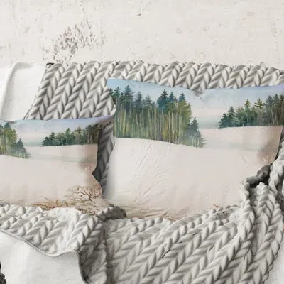 Design Art Square,pine Forest In Snowy Winter Landscape - Traditional Printed Throw Pillow In White;green