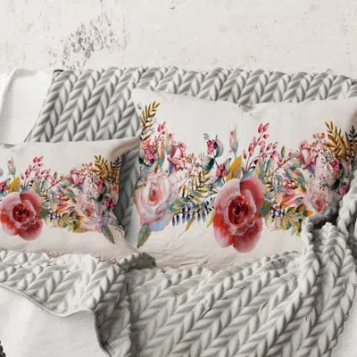 Design Art Square,pink Roses And Wildflower - Farmhouse Printed Throw Pillow In Green;pink