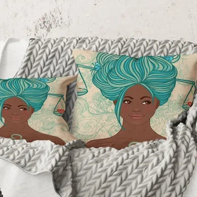 Design Art Square,portrait Of African American Woman With Blue Hair I - Modern Printed Throw Pillow In Brown